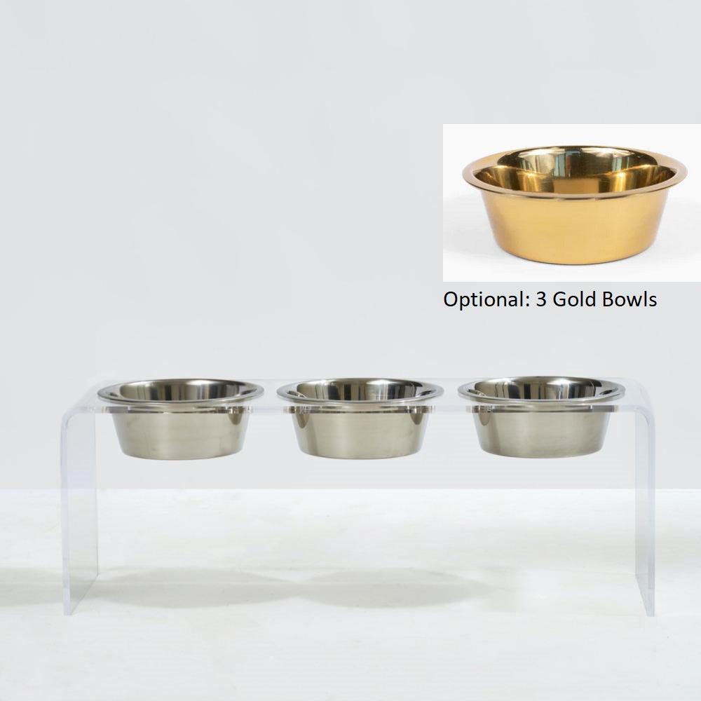 Feeder | Tall Clear Triple Dog Bowl Feeder with Bowls 2-Quarts | Silver or Gold - The Pet Talk