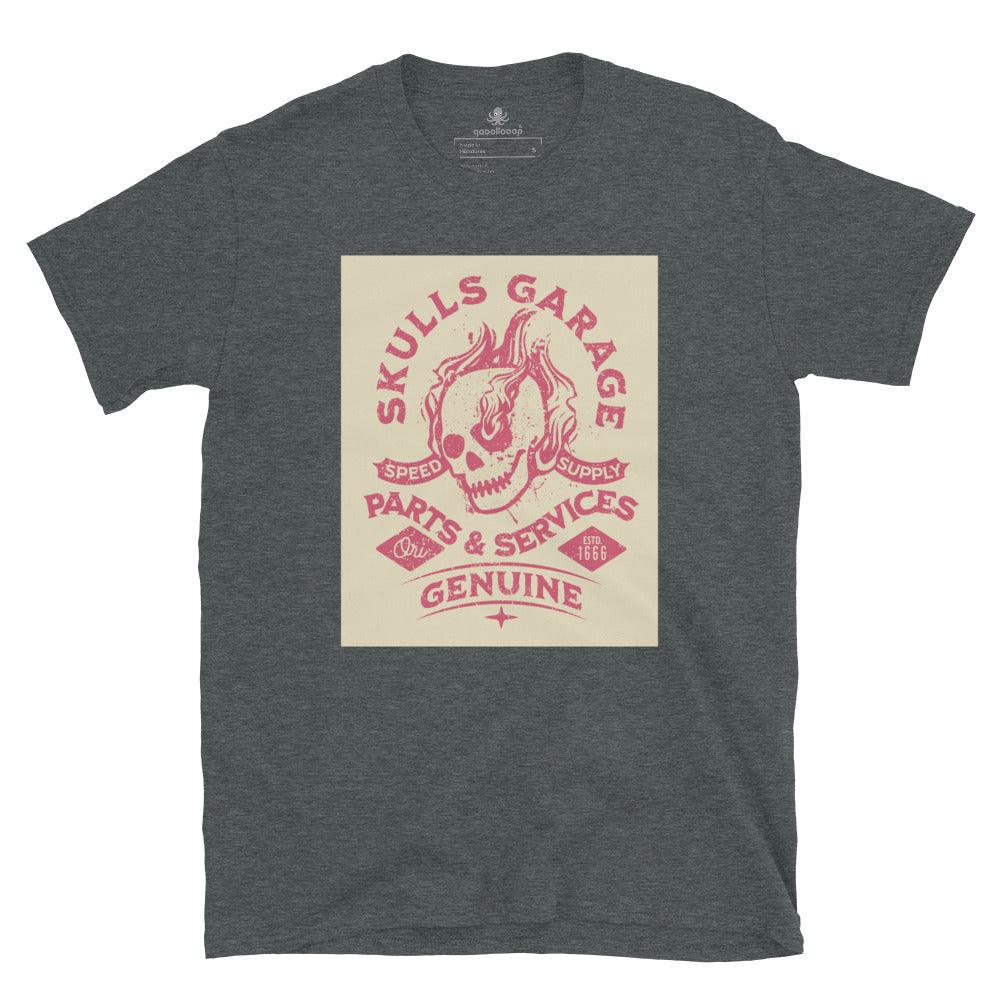 Skulls Garage Parts & Services | Short-Sleeve Unisex Soft Style T-Shirt - The Pet Talk