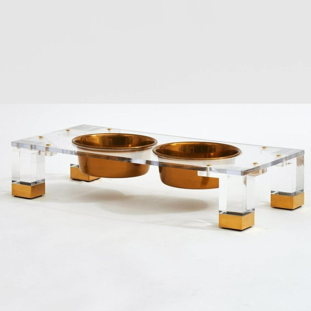 Feeder | Clear Double Dog Bowl Glam Feeder with Gold Bowls 1-Quart - The Pet Talk