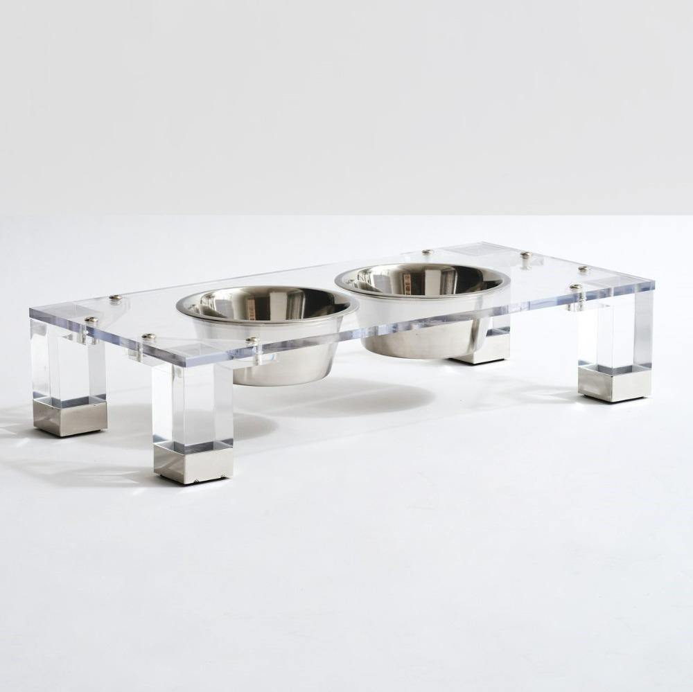 Feeder | Clear Double Dog Bowl Glam Feeder with Silver Bowls 1-Quart - The Pet Talk