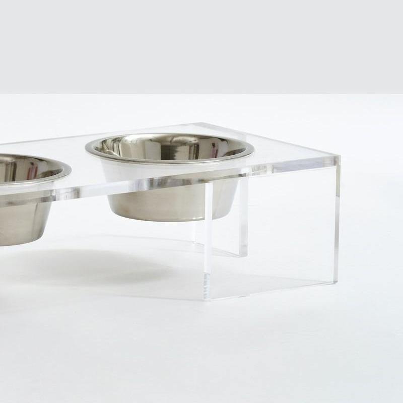 Feeder | Clear Panel Double Dog Bowl Feeder with Silver Bowls 1-Quart - The Pet Talk