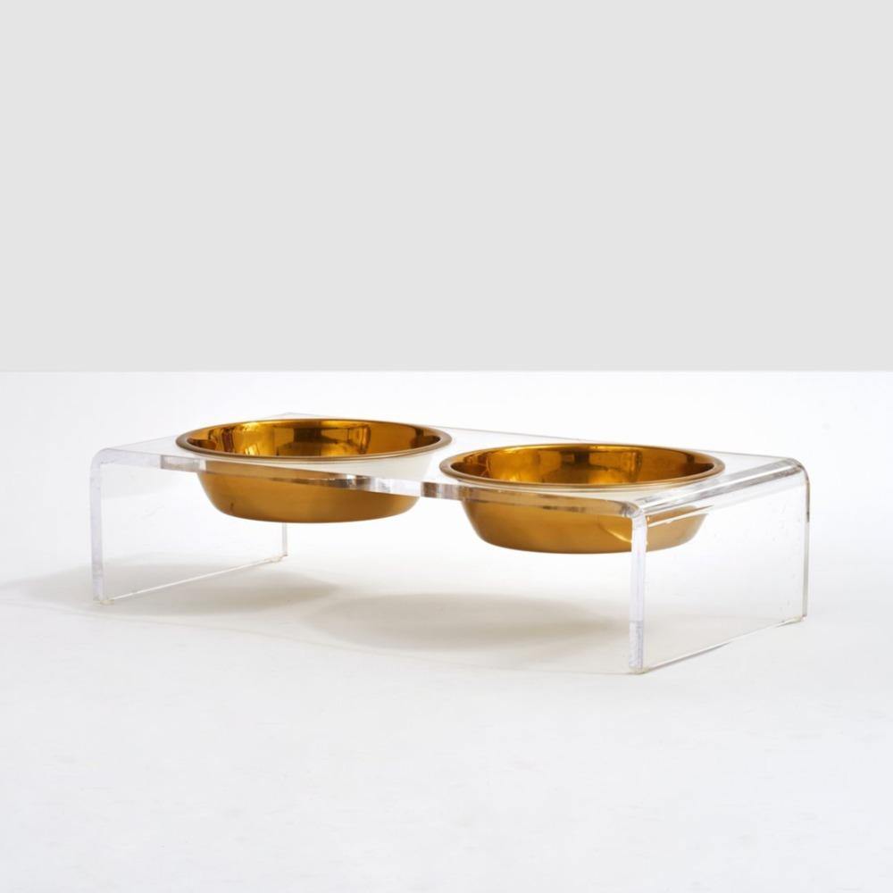 Feeder | Large Clear Double Dog Bowl Feeder with Gold Bowls 1-Quart - The Pet Talk