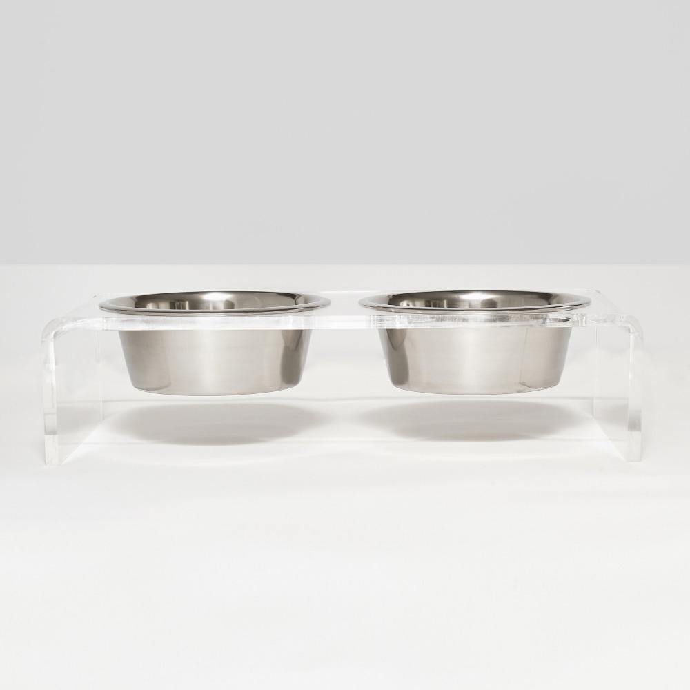 Feeder | Large Clear Double Dog Bowl Feeder with Silver Bowls 1-Quart - The Pet Talk