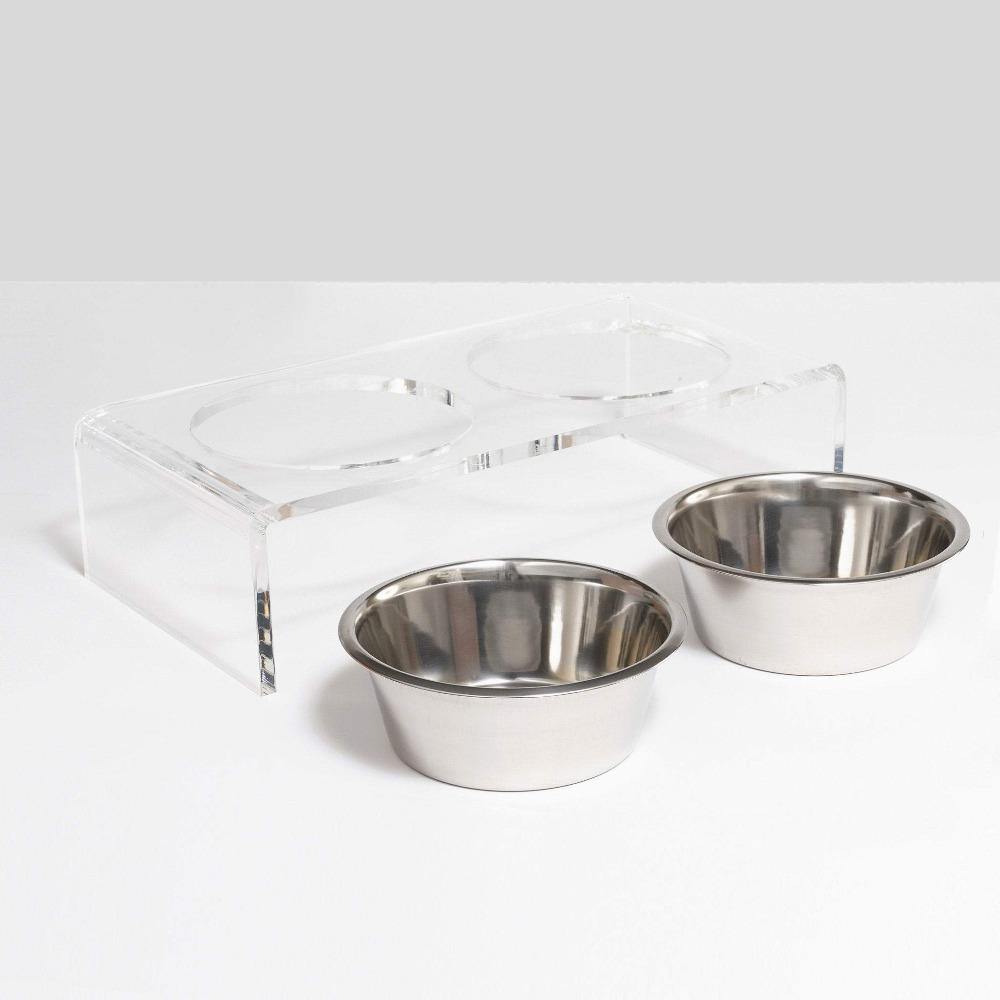 Feeder | Large Clear Double Dog Bowl Feeder with Silver Bowls 2-Quarts - The Pet Talk