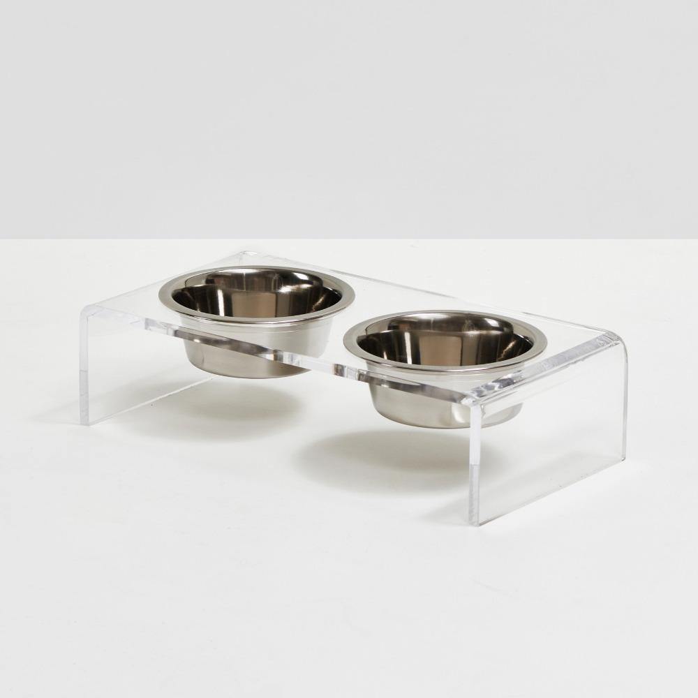 Feeder | Small Clear Double Dog Bowl Feeder with Silver Bowls 1-Pint - The Pet Talk