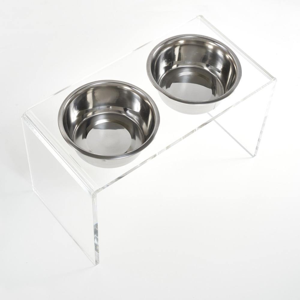 Feeder | Tall Clear Double Dog Bowl Feeder with Silver Bowls 2-Quarts - The Pet Talk