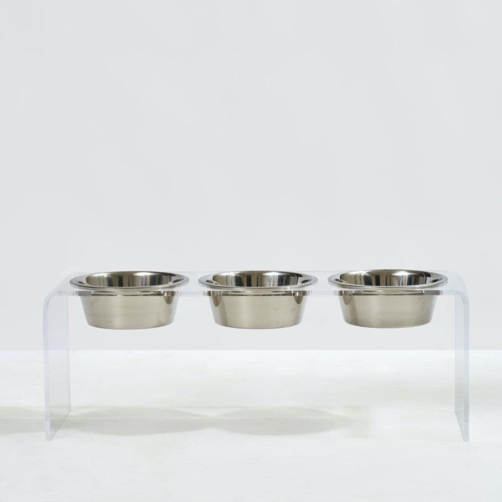 Feeder | Tall Clear Triple Dog Bowl Feeder with Silver Bowls 2-Quarts - The Pet Talk