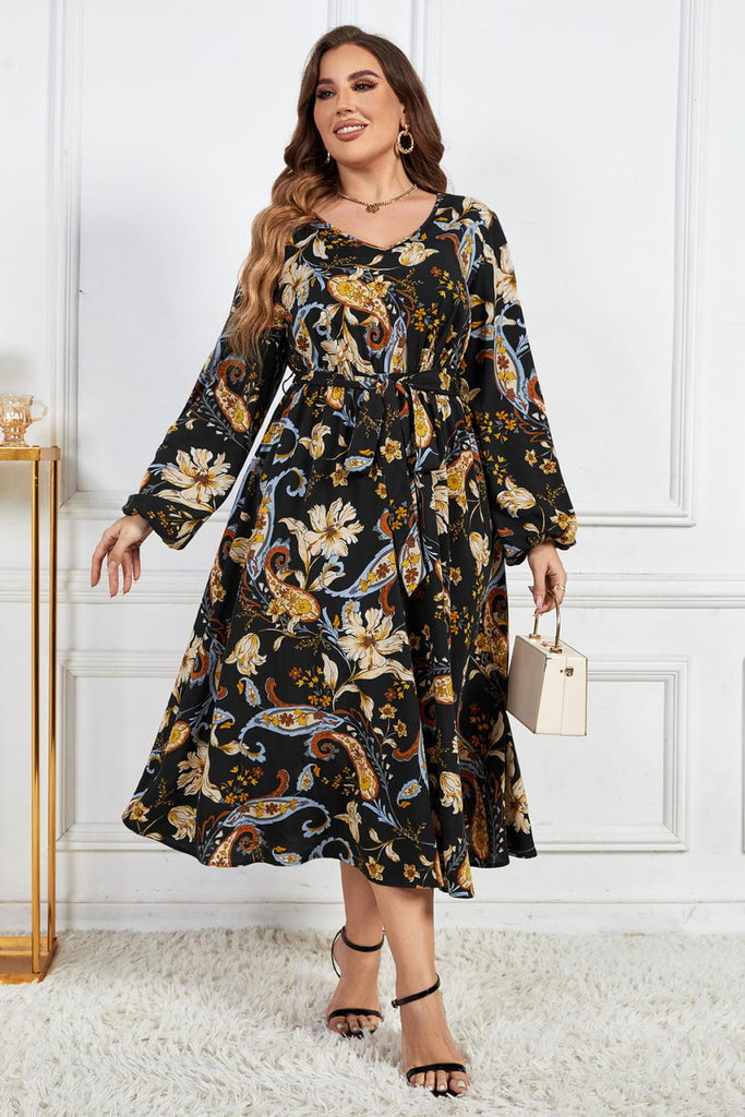 Melo Apparel Plus Size Women Floral Print Tie Belt Balloon Sleeve Midi Dress - The Pet Talk