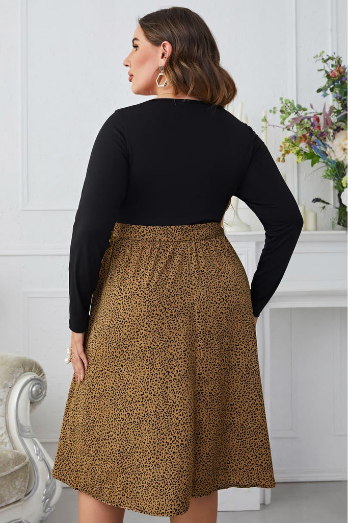 Melo Apparel Plus Size Women Leopard Long Sleeve Round Neck Dress - The Pet Talk