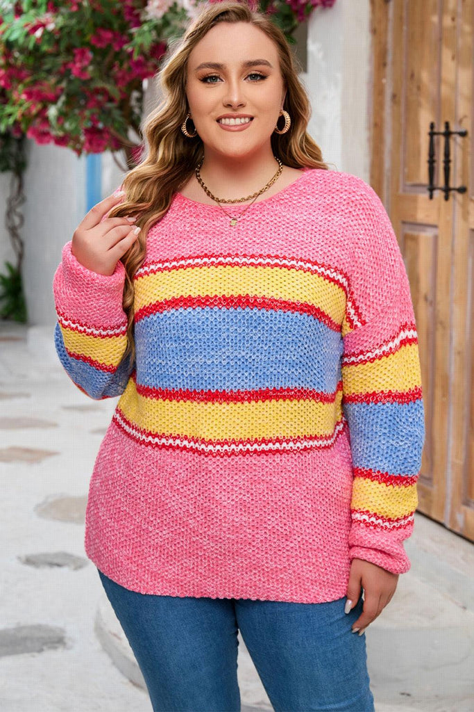 Plus Size Color Block Round Neck Long Sleeve Sweater - The Pet Talk