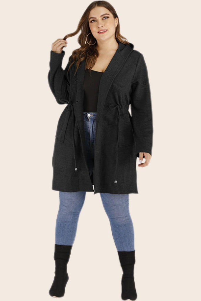 Plus Size Women Drawstring Waist Hooded Cardigan with Pockets - The Pet Talk