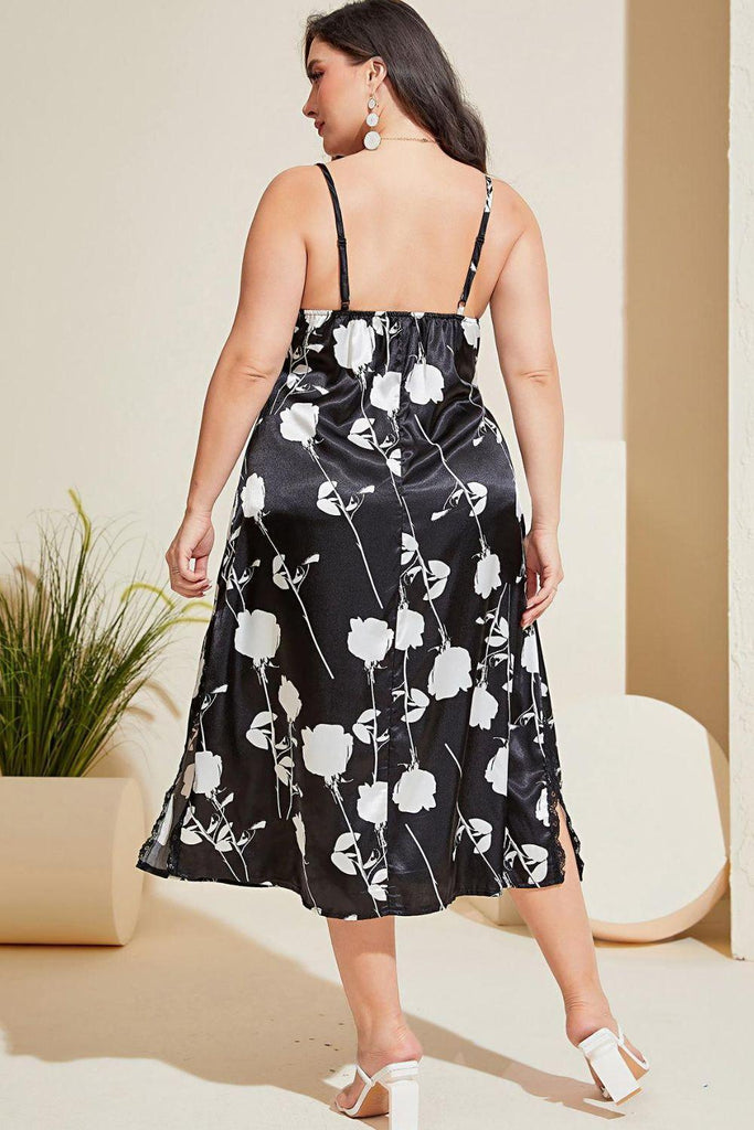 Plus Size Women Floral Lace Trim Side Slit Night Dress - The Pet Talk