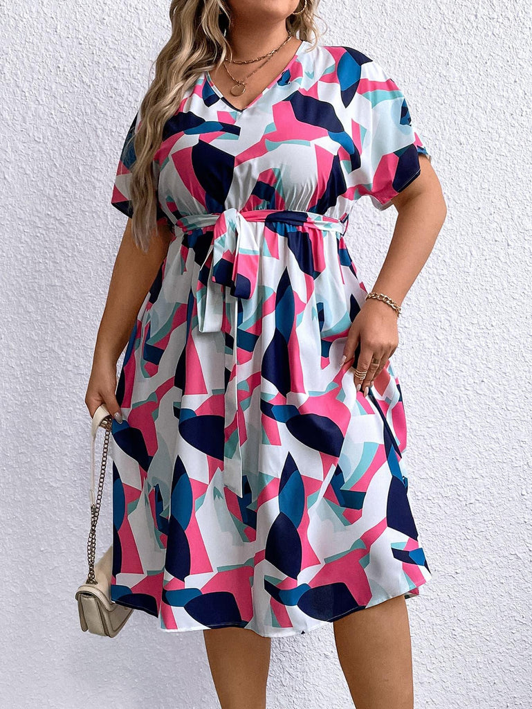 Plus Size Women Multicolored V-Neck Tie Waist Dress - The Pet Talk